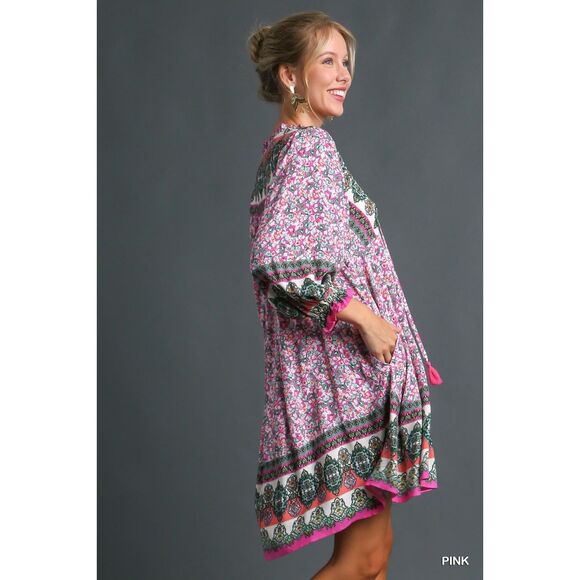 Umgee Boho Floral Mini Dress Pink Hippy Retro Stevie Nicks Vibes S M L - Picture 5 of 9